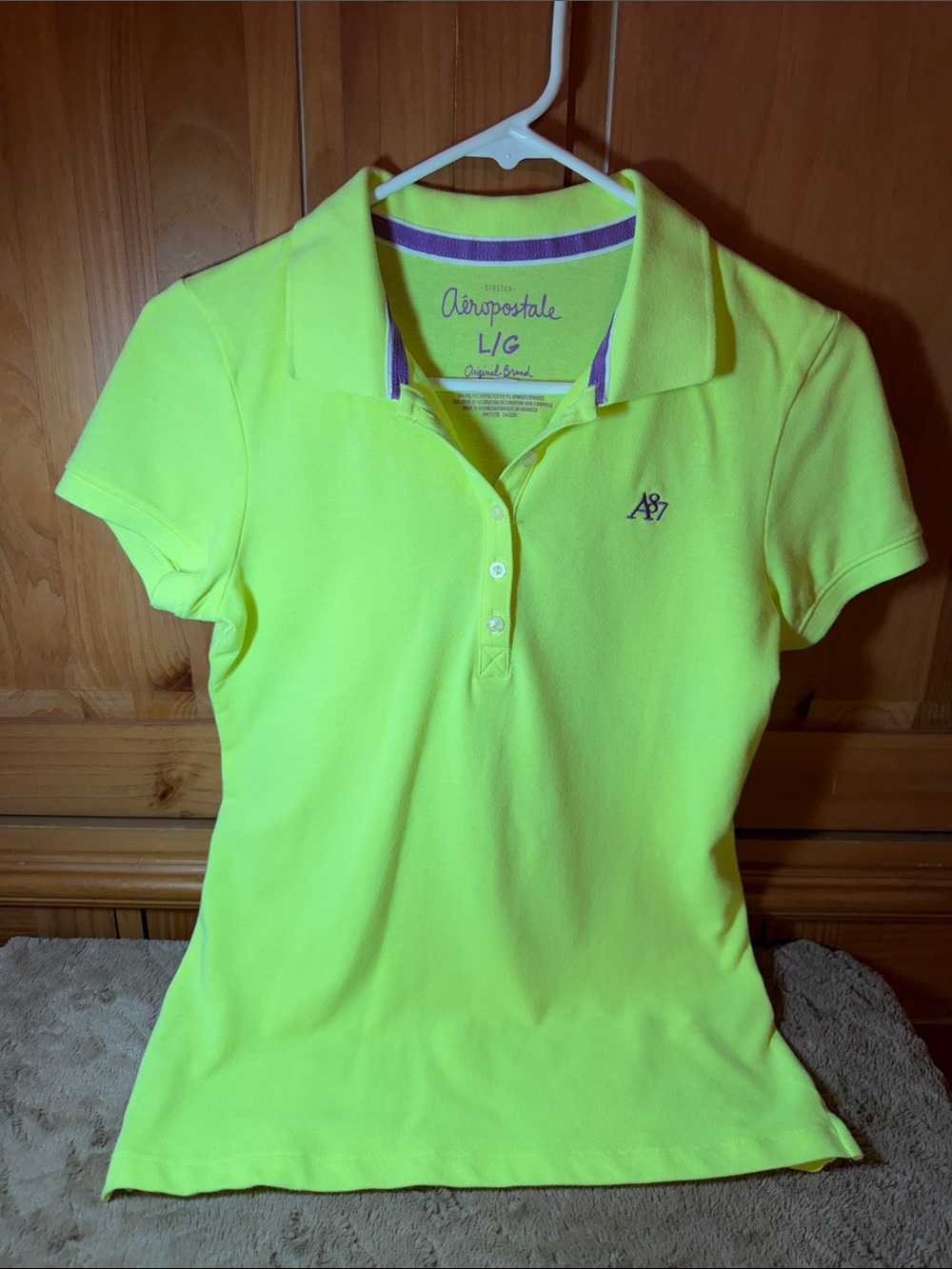 Aeropostale Women's Neon Yellow Polo with Purple Trim